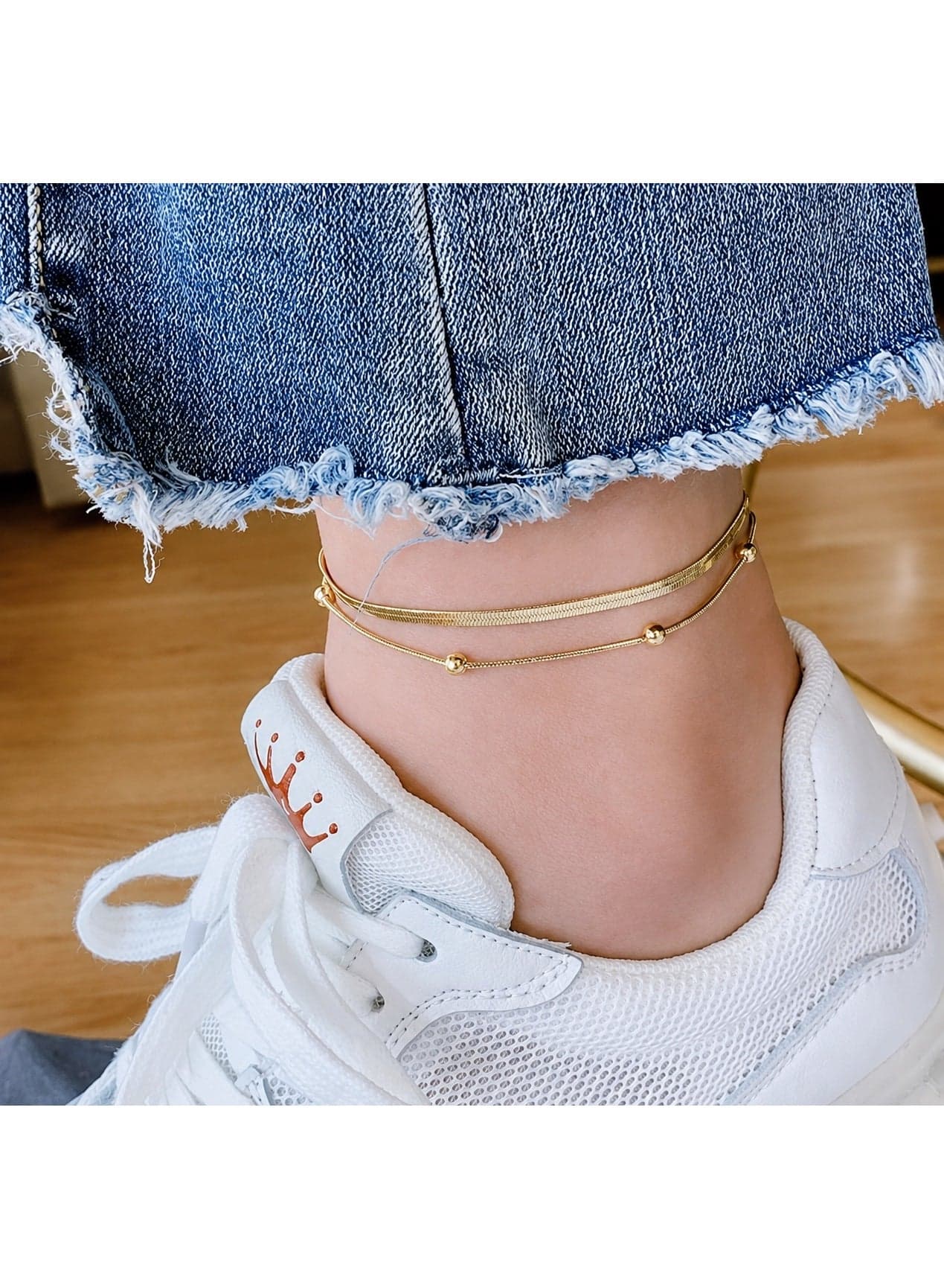 Women's Double Layer Gold Stainless Steel Anklet - Herringbone & Satellite Chain, Tarnish Resistant (6)