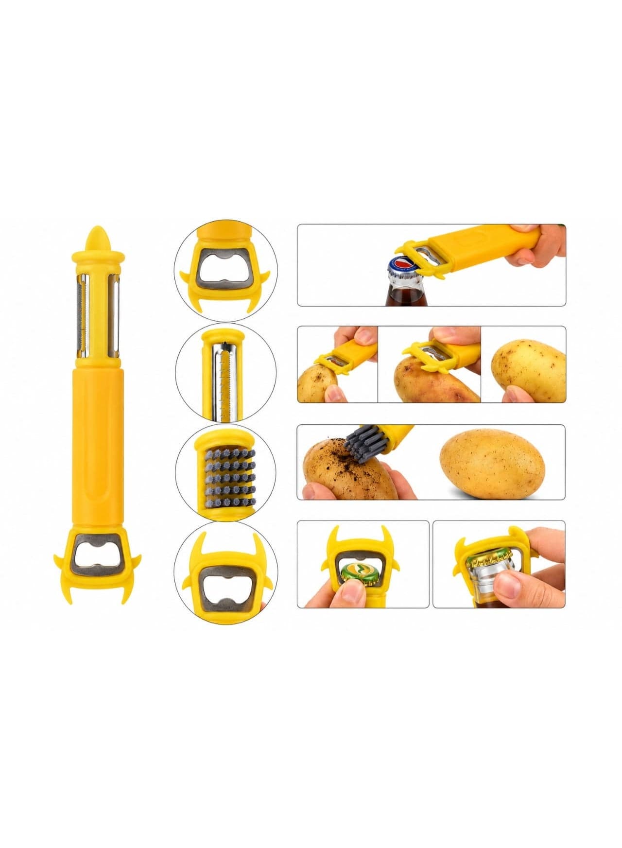 Multi-purpose 7-in-1 vegetable peeler with cleaning brush, bottle opener, can opener, and tool for removing bad spots from potatoes