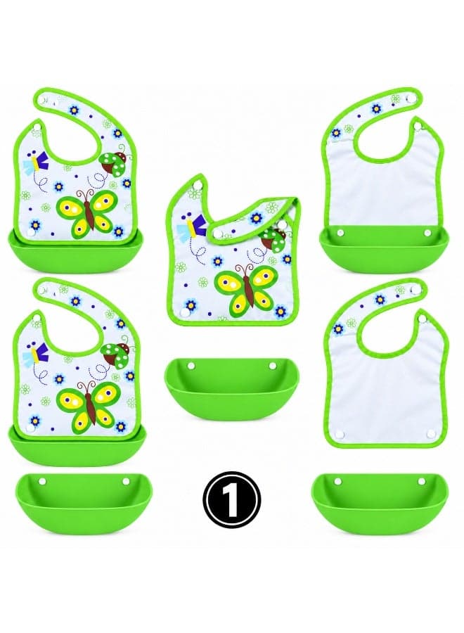 Silicone Baby Feeding Bib with Deep Wide Food Catcher Pocket, Waterproof Food Grade and BPA Free, Adjustable Washable Easy Clean Foldable Bib for Boys and Girls, Meals, Snacks, Self Feeding, Travel and Everyday Use (٥)