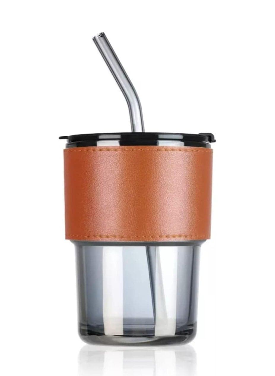 Glass Tumbler with Straw and Leakproof Lid and Leather Anti-Slip Handle for Hot and Cold Drinks, Tea, Coffee, Fruit Juices Glassware & Drinkware