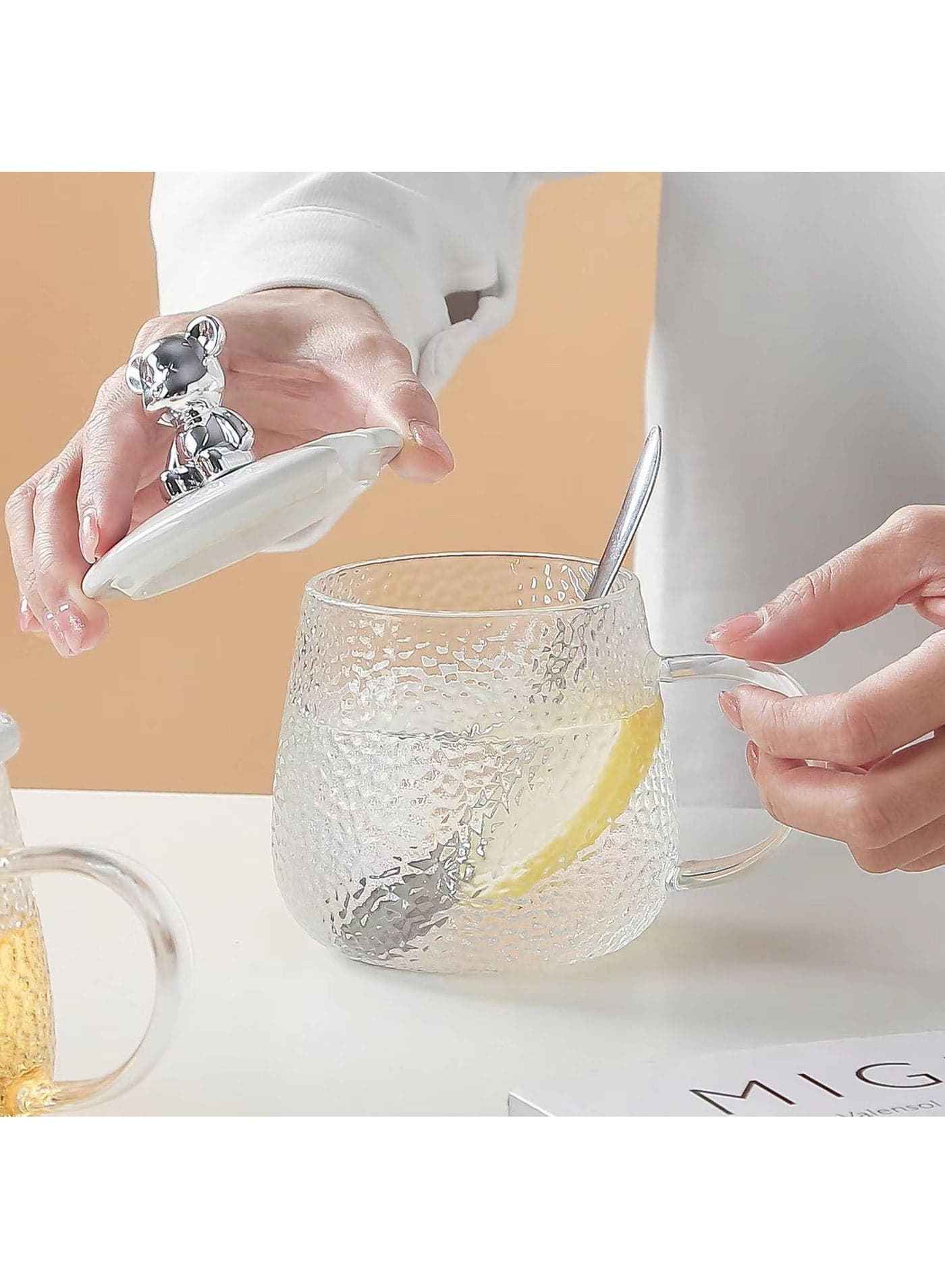 Textured Glass Mug with Lid and Spoon - Clear Glass Coffee Cup with Cute Silver Bear Handle Top Glassware & Drinkware (2)
