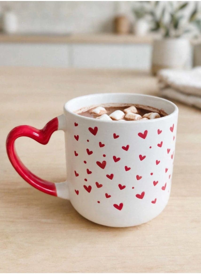 Ceramic Mug with Red Heart-Shaped Handle and Heart Design – 350 ml Coffee and Tea Cup for Hot and Cold Drinks (4)
