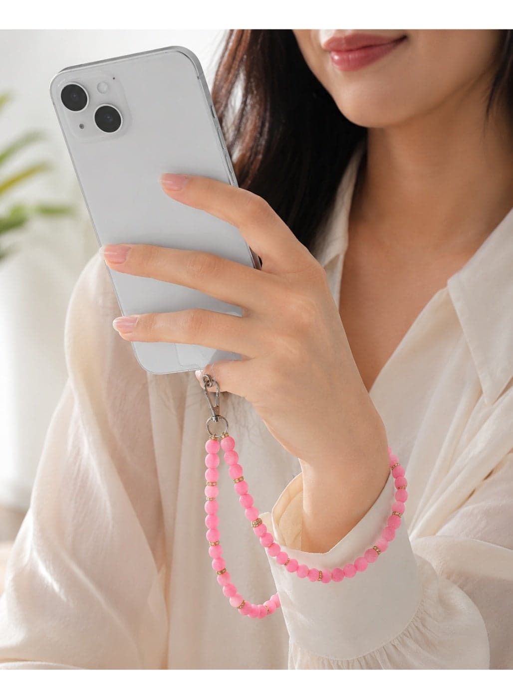 Pink Beaded Smartphone Wrist Strap with Crystal Rondelles & Clear Case Tether Patch Phone Grips & Stands (٤)