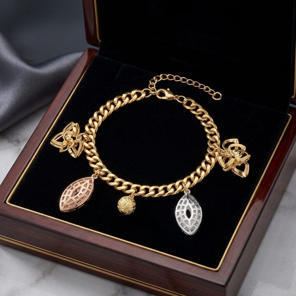 An elegant gold bracelet with stunning dangling designs in gold, silver and rose gold, adding a touch of luxury to your wrist, giving you an eye-catching look with an adjustable clasp to suit you. Women's Bracelets & Bangles (٦)