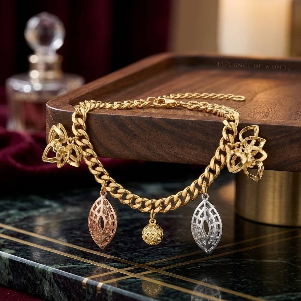 An elegant gold bracelet with stunning dangling designs in gold, silver and rose gold, adding a touch of luxury to your wrist, giving you an eye-catching look with an adjustable clasp to suit you. Women's Bracelets & Bangles (٤)