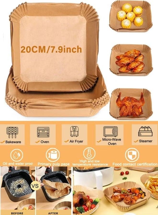 20CM Square Air Fryer Liner, Waterproof Air Fryer Baking Paper, Microwave Baking Parchment Paper (50 Pack) Barbecue Tools