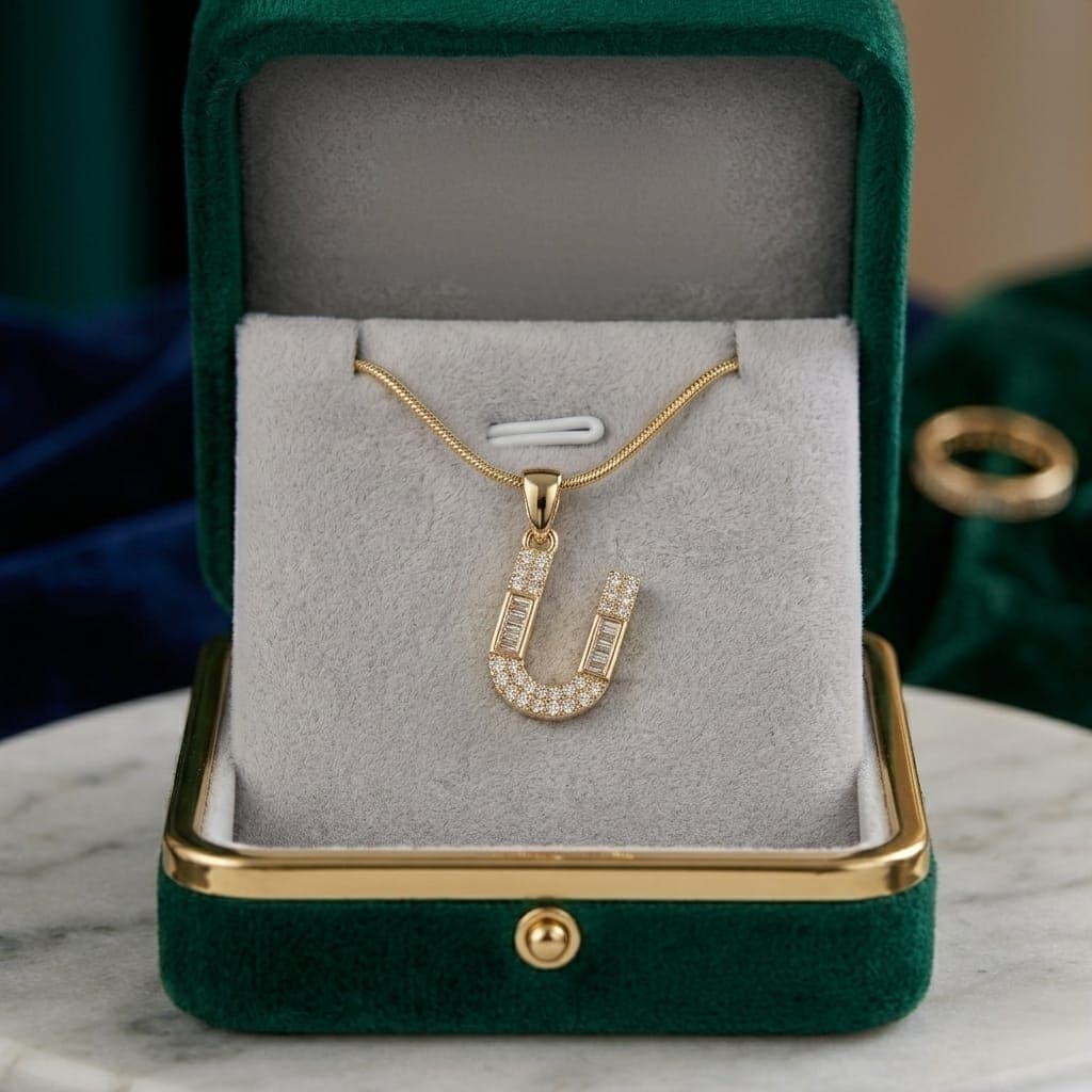 A luxurious, elegant gold necklace with a luxurious U-shaped pendant studded with sparkling baguette and zircon stones, and an adjustable clasp to fit you. Women's Necklaces (٧)