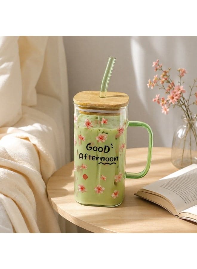 Clear cold drink cup with bamboo lid and reusable straw – colorful handle (10)