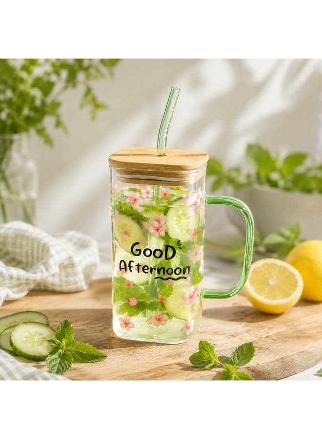 Clear cold drink cup with bamboo lid and reusable straw – colorful handle (11)