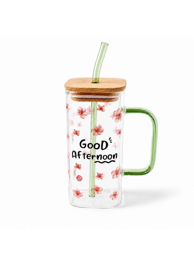 Clear cold drink cup with bamboo lid and reusable straw – colorful handle