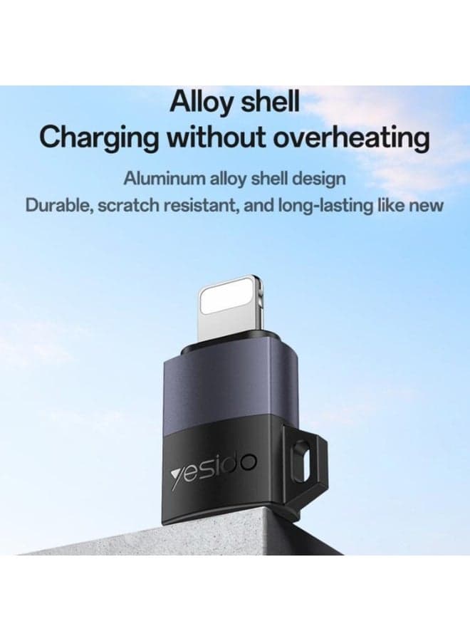 Yesido GS30 Micro USB Female to Lightning Male Converter Adapter for 12W Fast Charging & Data Transmission with Lanyard - Aluminum Alloy Black/Grey (1 Piece) (٧)