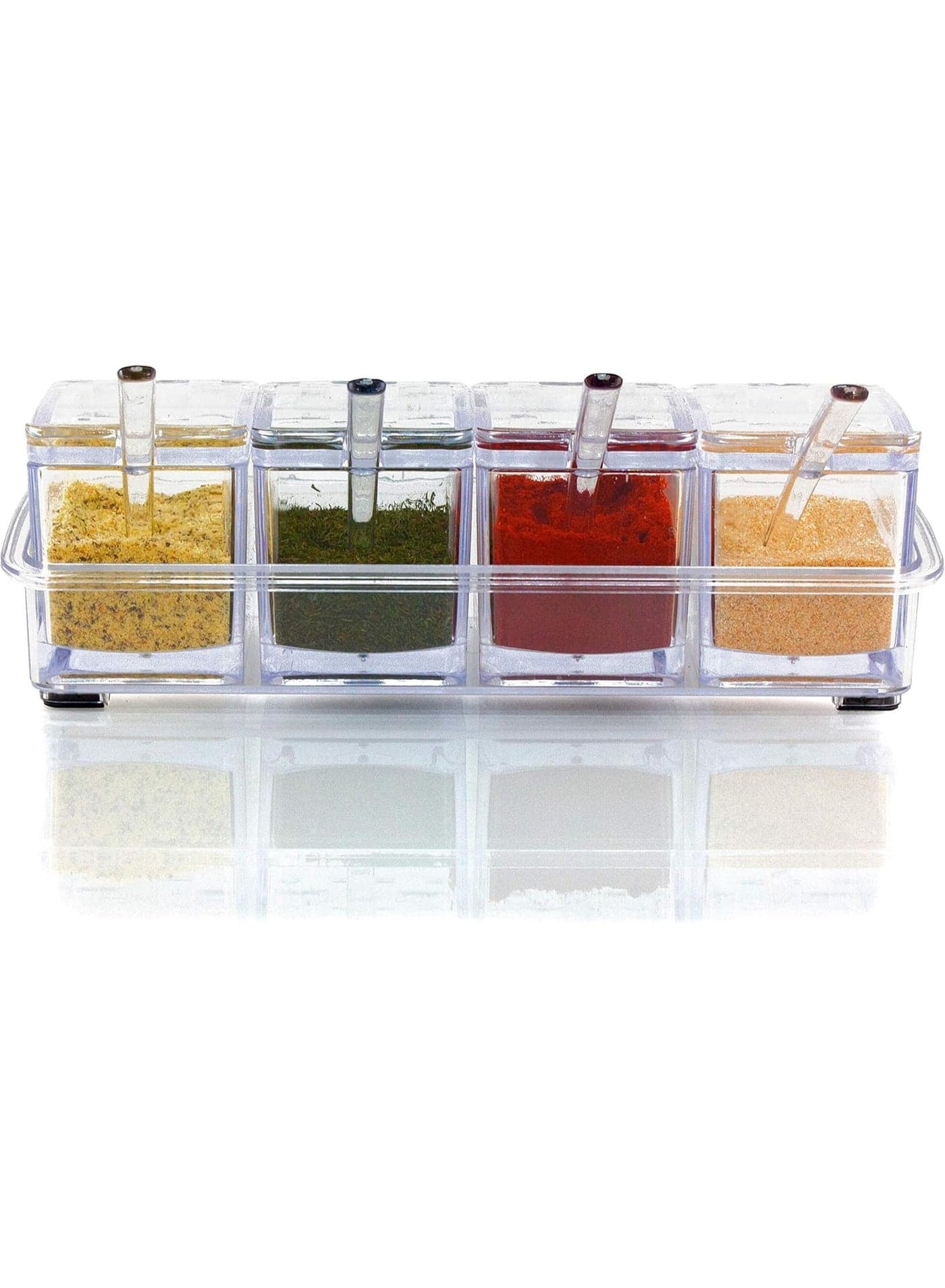 Seasoning Box 4-Piece Set, Clear Acrylic Spice Pots Storage Container Jars with Spoons, Kitchen Seasoning Organizer for Salt Sugar Pepper Herbs and Spices, Transparent Countertop Storage Box (5)