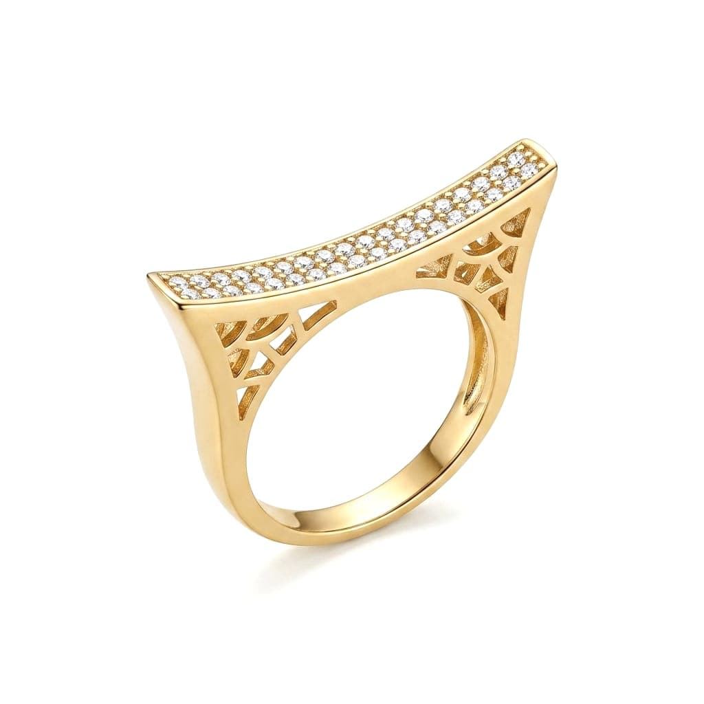 An elegant gold ring with a wide, curved band design sparkling with rows of brilliant zircon stones. It features geometric, openwork details on the sides, creating a unique and luxurious look that is sure to turn heads. Women's Rings