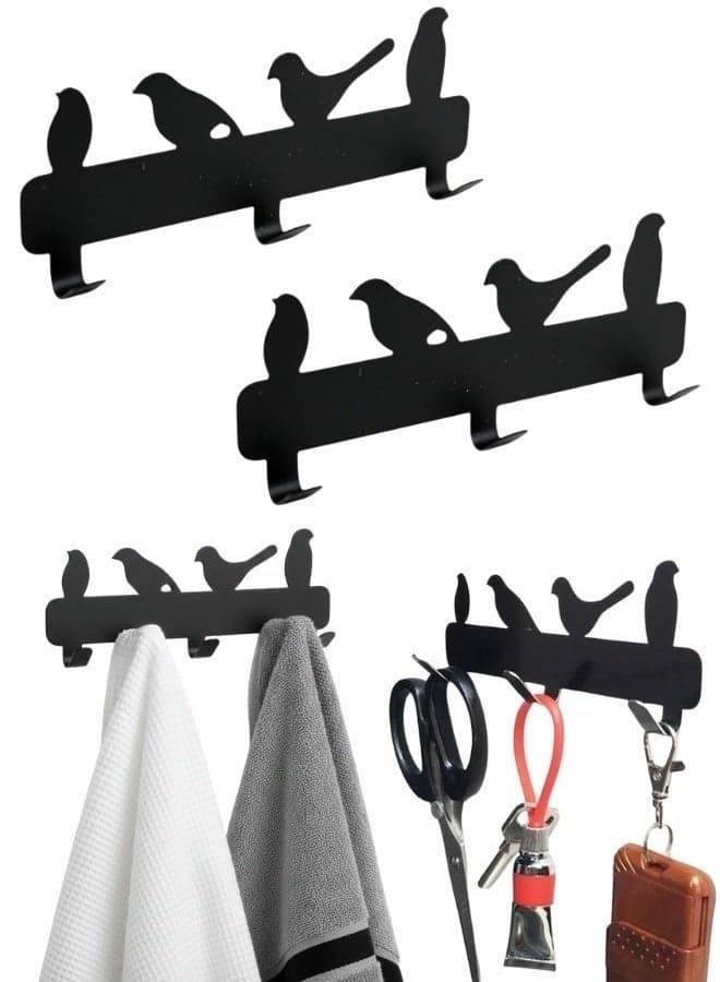 2Pcs Self-Adhesive Metal Bird Wall Hook Racks with 3 Hooks Each – Strong Sticky Wall Mounted Organizer for Towels, Keys, Clothes, Bags, Hats, Accessories & Kitchen Utensils – Decorative Heavy Duty No-Drill Wall Hooks for Bathroom, Kitchen, Entryway, Bedroom & Office 13X5 Cm - Black
