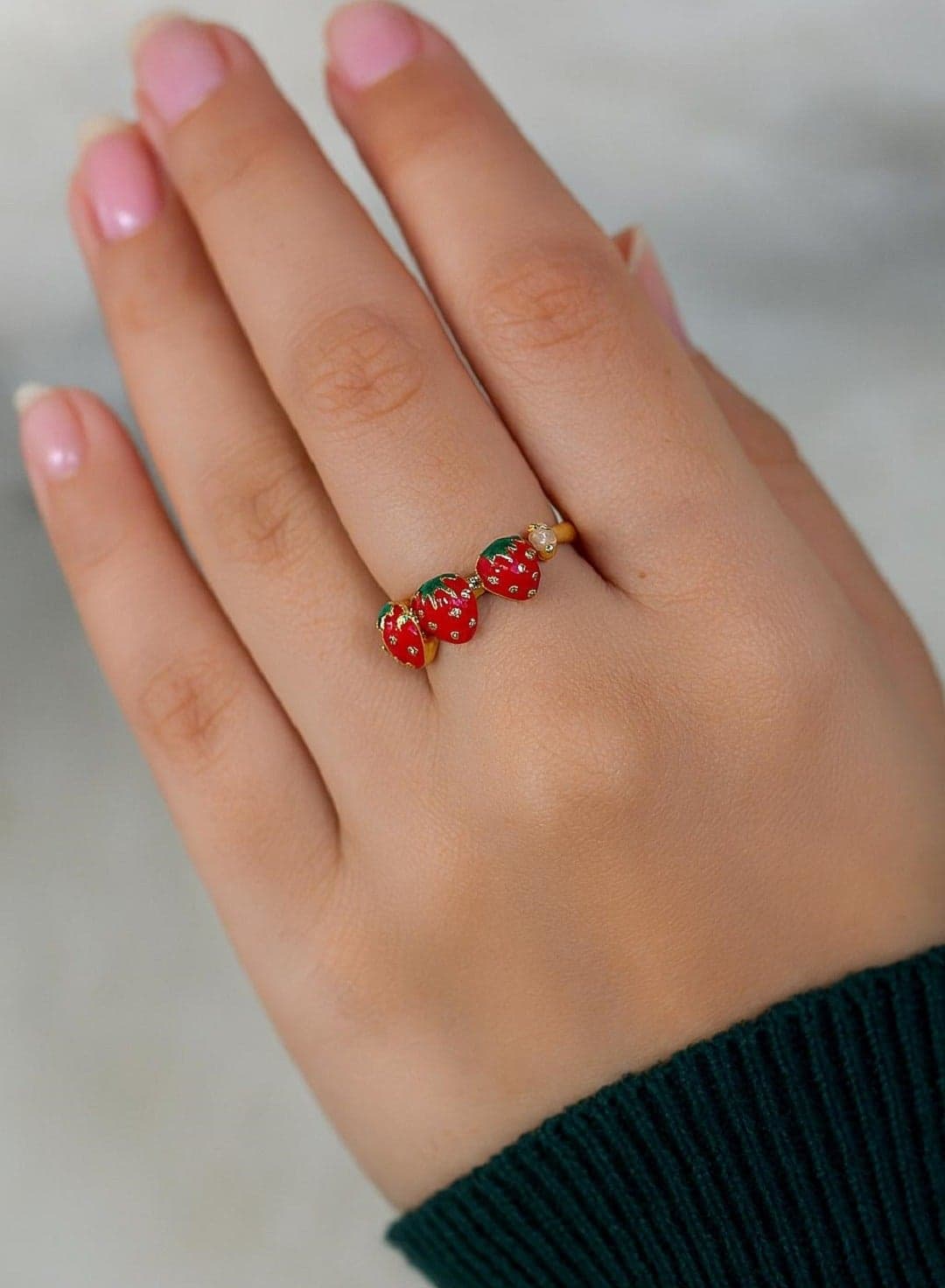 MANIKAN Strawberry Design Fashion Ring, Red Enamel with Pearl Accent, Gold Tone
