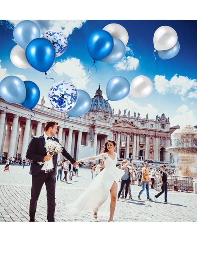 Confetti Balloons Blue White Latex Balloons Set Of 40, 12 Inch Helium Balloons Latex Confetti Balloons Balloon Ribbons For Wedding Birthday Party Decorations (Blue White) (2)