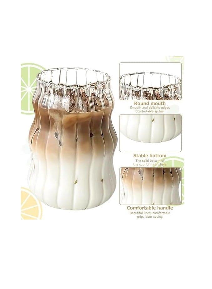 Ribbed Drinking Glasses Creative Clear Glass Cup Vintage Iced Coffee Cups Cute Tumbler Cup for Cocktail, Iced Coffee, Ice Tea, Water Glassware & Drinkware (٢)