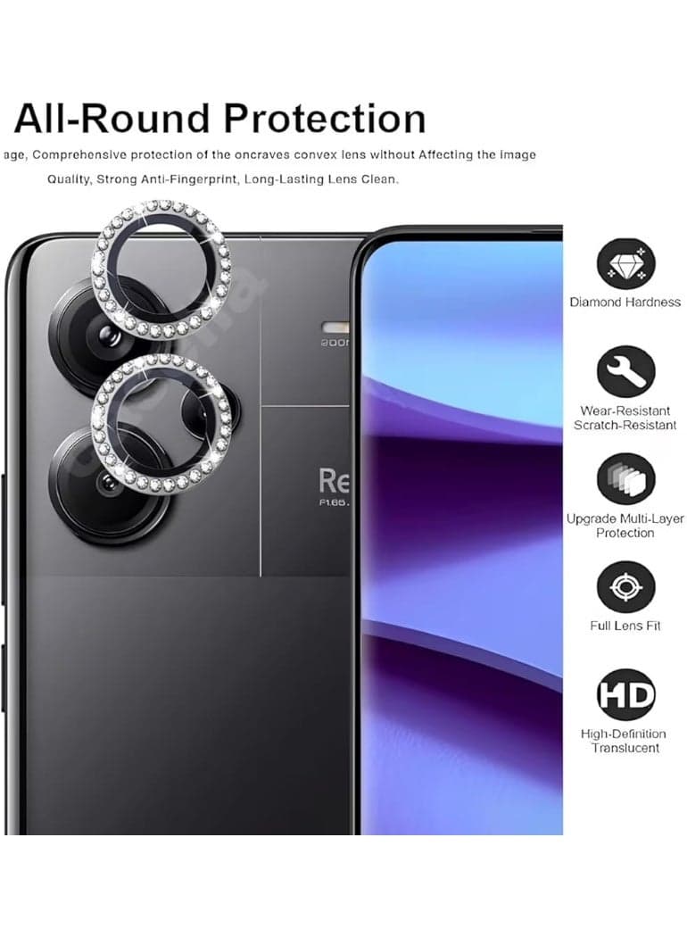 Luxury camera lens studded with rhinestones for Redmi 13 rhinestones, sparkling diamond crystal cover, durable black metal frame (black) Mobile Lens & Lens Protectors (٣)