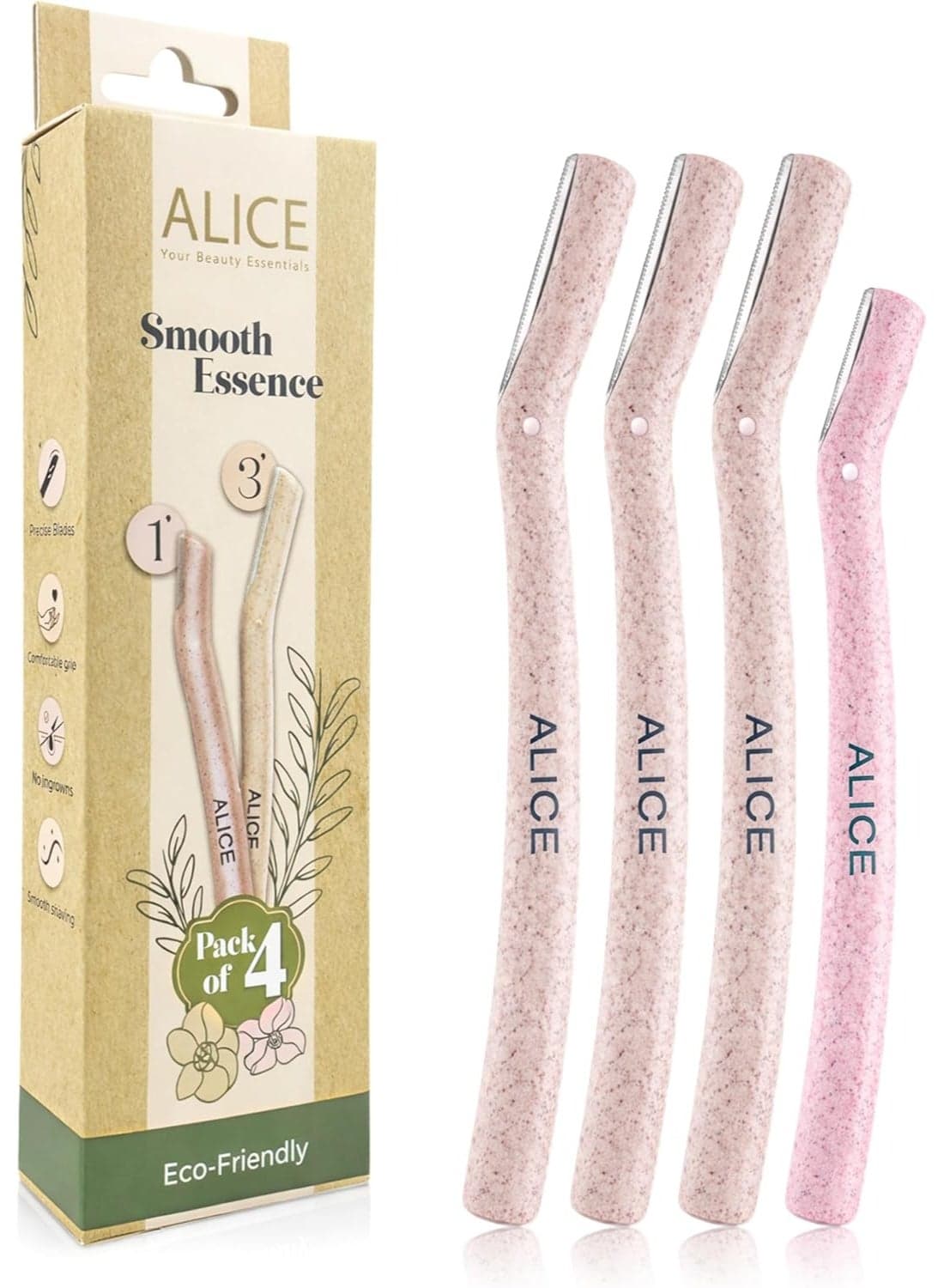Alice - Razor, Pack Of 4, Smooth Essence, Precise Blades With Cover, Comfortable Grip & Smooth Shave, No Ingrowns, Eco Friendly, Cruelty Free & Recyclable, Your Beauty Essential Women's Razors & Blades