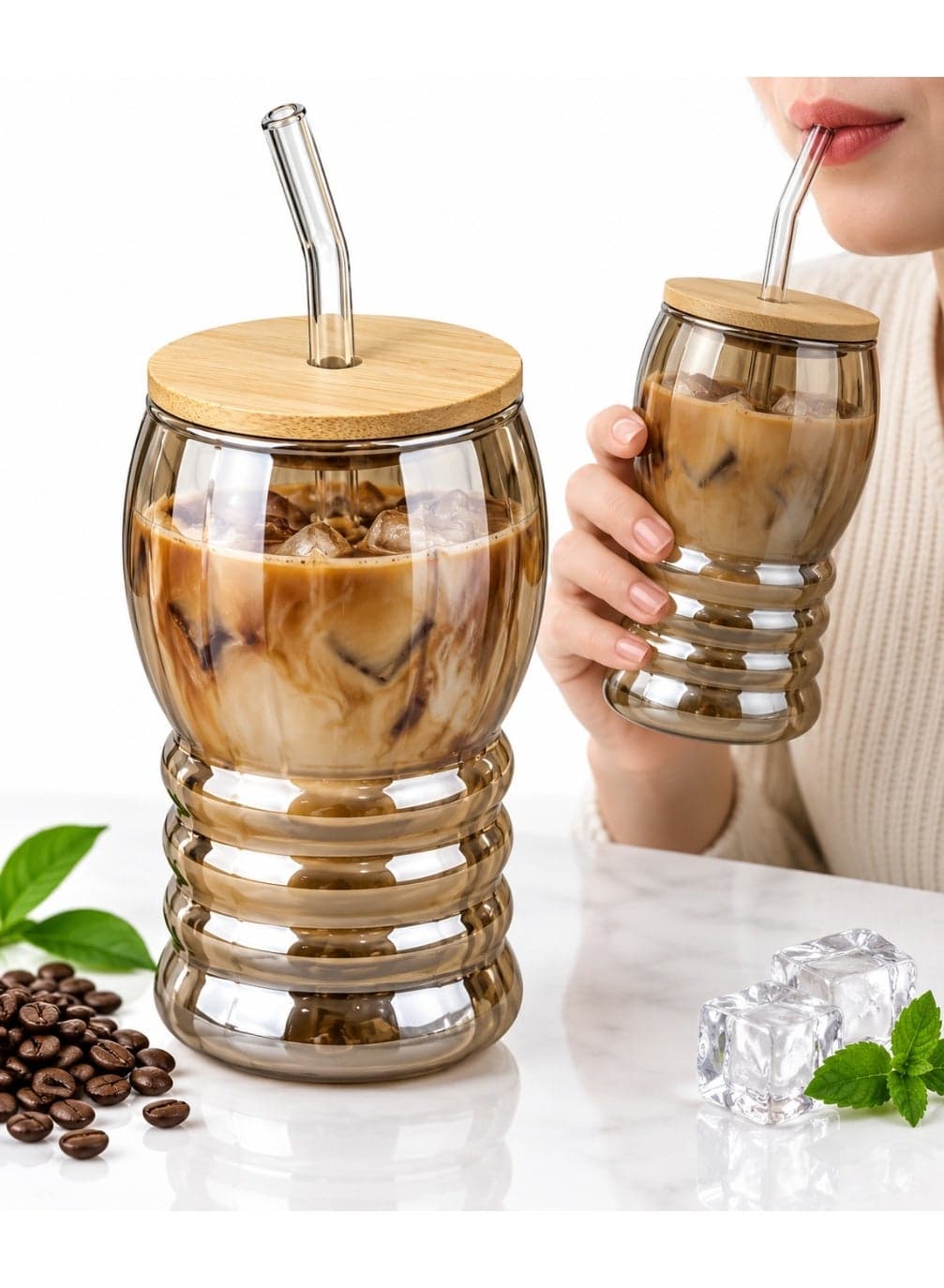Tinted Glass Iced Coffee Mug with Straw and Bamboo Lid, Jar-Style Drinking Cup for Juice, Milk, Smoothies, Cocktails and Cold Beverages (2)