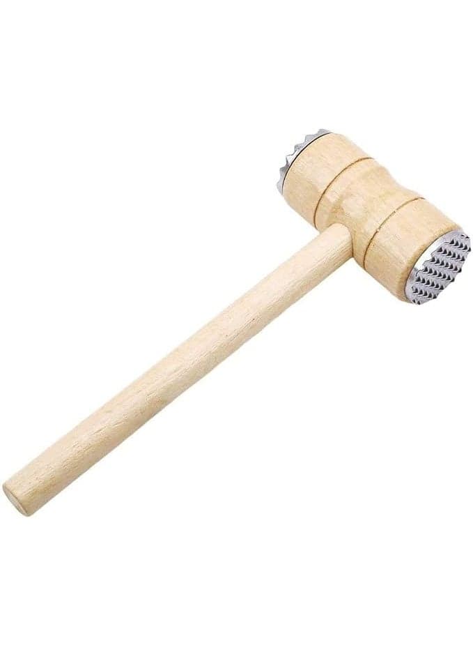 Wooden meat mallet with dual-sided stainless steel teeth—a durable, comfortable, and heavy-duty kitchen tool for tenderizing meat, chicken, and fish.