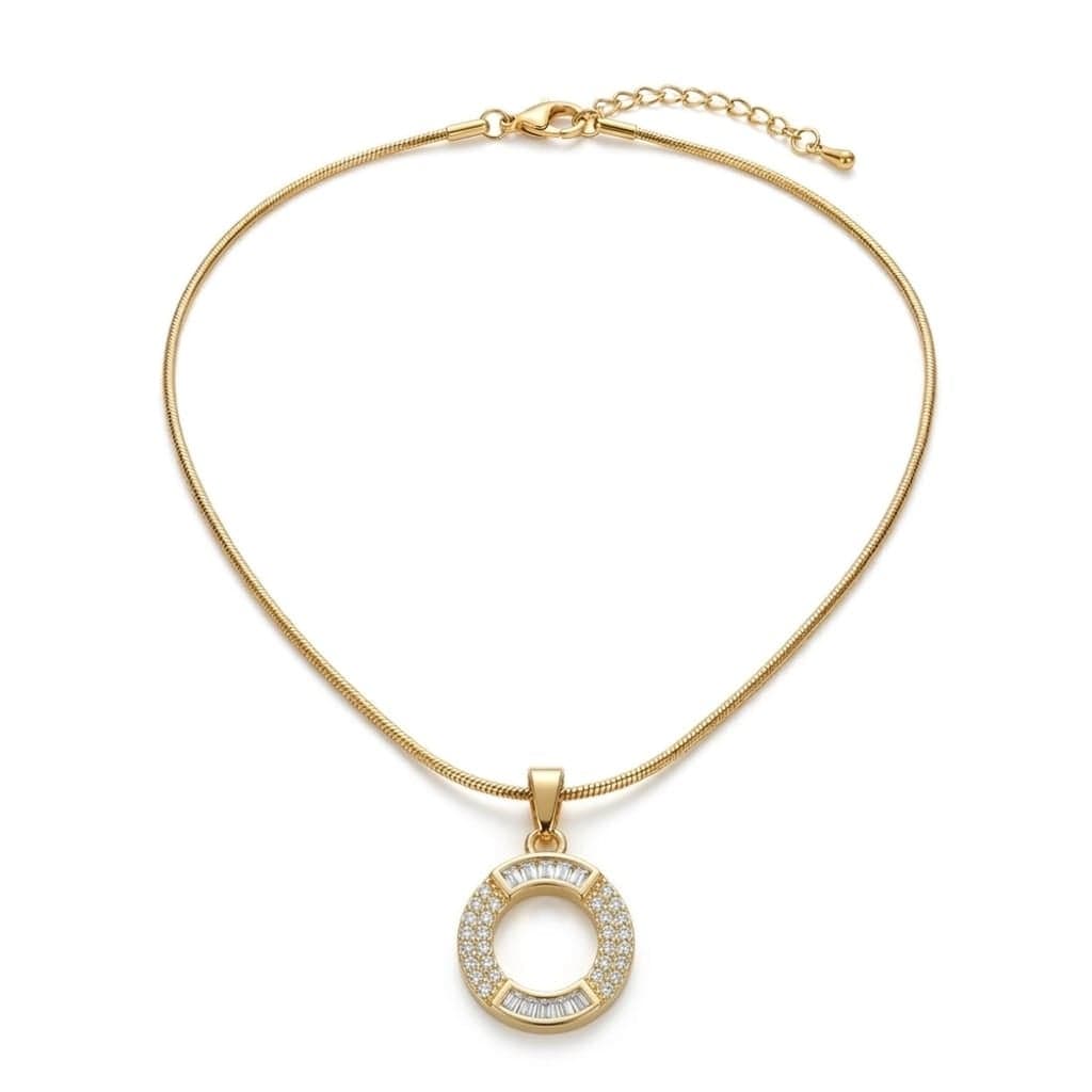 A luxurious, elegant gold necklace with a sumptuous letter O pendant studded with sparkling baguette and zircon stones, and an adjustable clasp to fit you. Women's Necklaces
