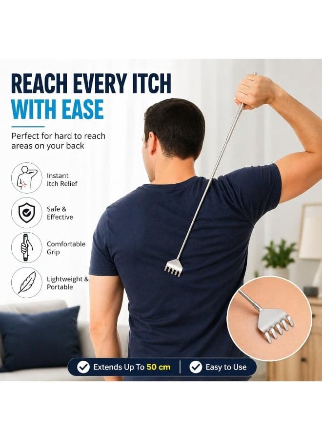 1Pcs Portable Telescopic Stainless Steel Back Scratcher – Extendable 18–53cm Body Itch Relief & Massage Tool with 5-Claw Metal Head for Back, Neck, Shoulders, Arms & Legs, Pen Style Pocket Clip Design for Home, Office, Car, Travel, Camping & Seniors (٢)