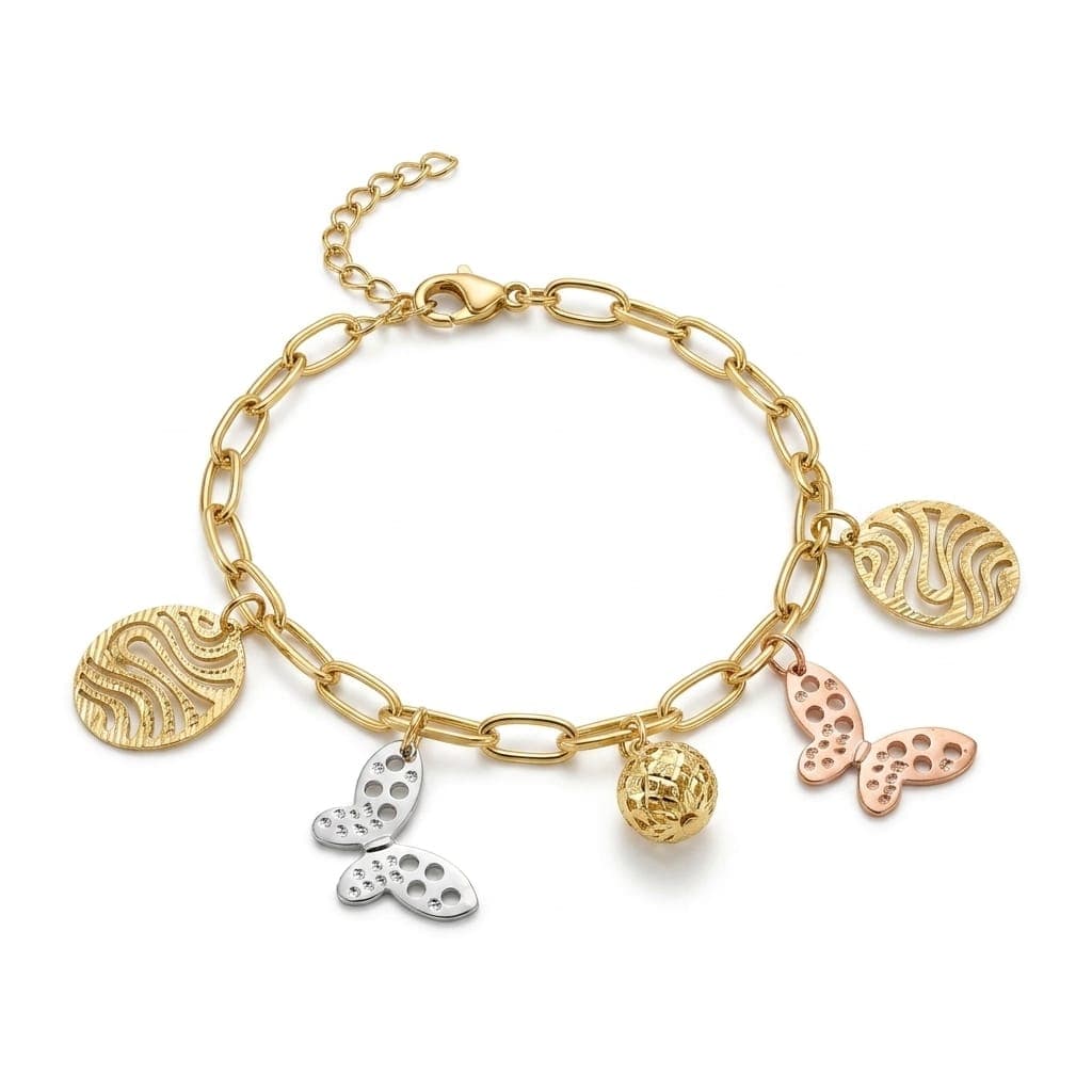 An elegant gold bracelet with luxurious clasp rings adorned with silver and pink butterfly pendants and attractive gold-colored hollow shapes, with an adjustable clasp to suit you. Women's Bracelets & Bangles