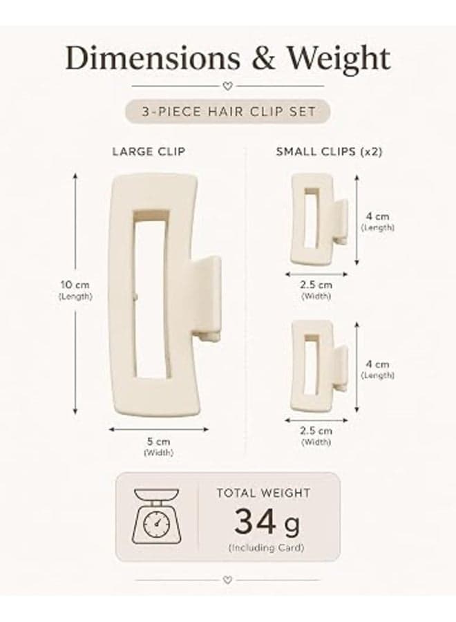 First Choice Hair Clip Set – 3 Pieces (1 Large & 2 Small Clips); Vintage-style hollow rectangular acrylic hair clips; stylish, secure accessories for thick and fine hair; Off-white. (٣)