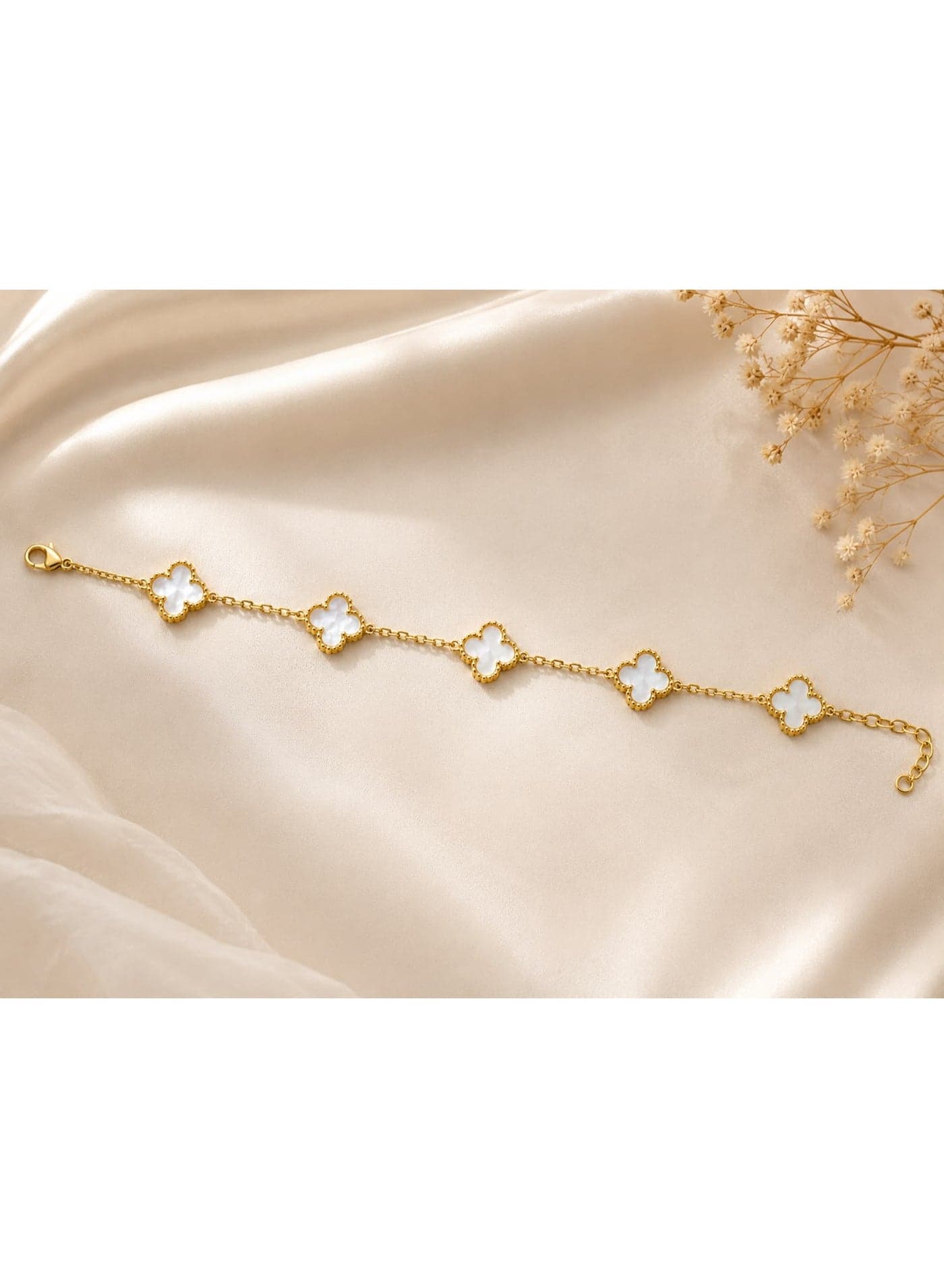 SHEIN Four Leaf Clover Bracelet for Women – Elegant Gold Stainless Steel Bracelet with White Clover Charms Women's Bracelets & Bangles (٥)