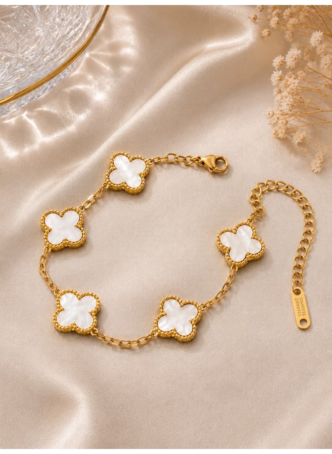 SHEIN Four Leaf Clover Bracelet for Women – Elegant Gold Stainless Steel Bracelet with White Clover Charms Women's Bracelets & Bangles (٢)