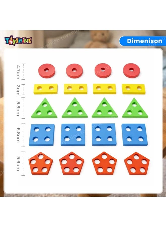 Toyshine Kids Wooden Angle Geometric Blocks Stacker Shape Sorter Column Puzzle Stacking Set - 5 Columns (٤)