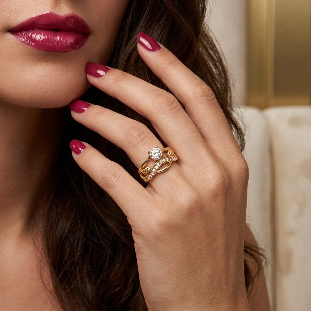 An elegant gold ring with a captivating natural touch. It features engraved leaves and a wavy design adorned with rows of sparkling zircon, topped by a central stone, giving you a stylish and unique look. Women's Rings (٣)