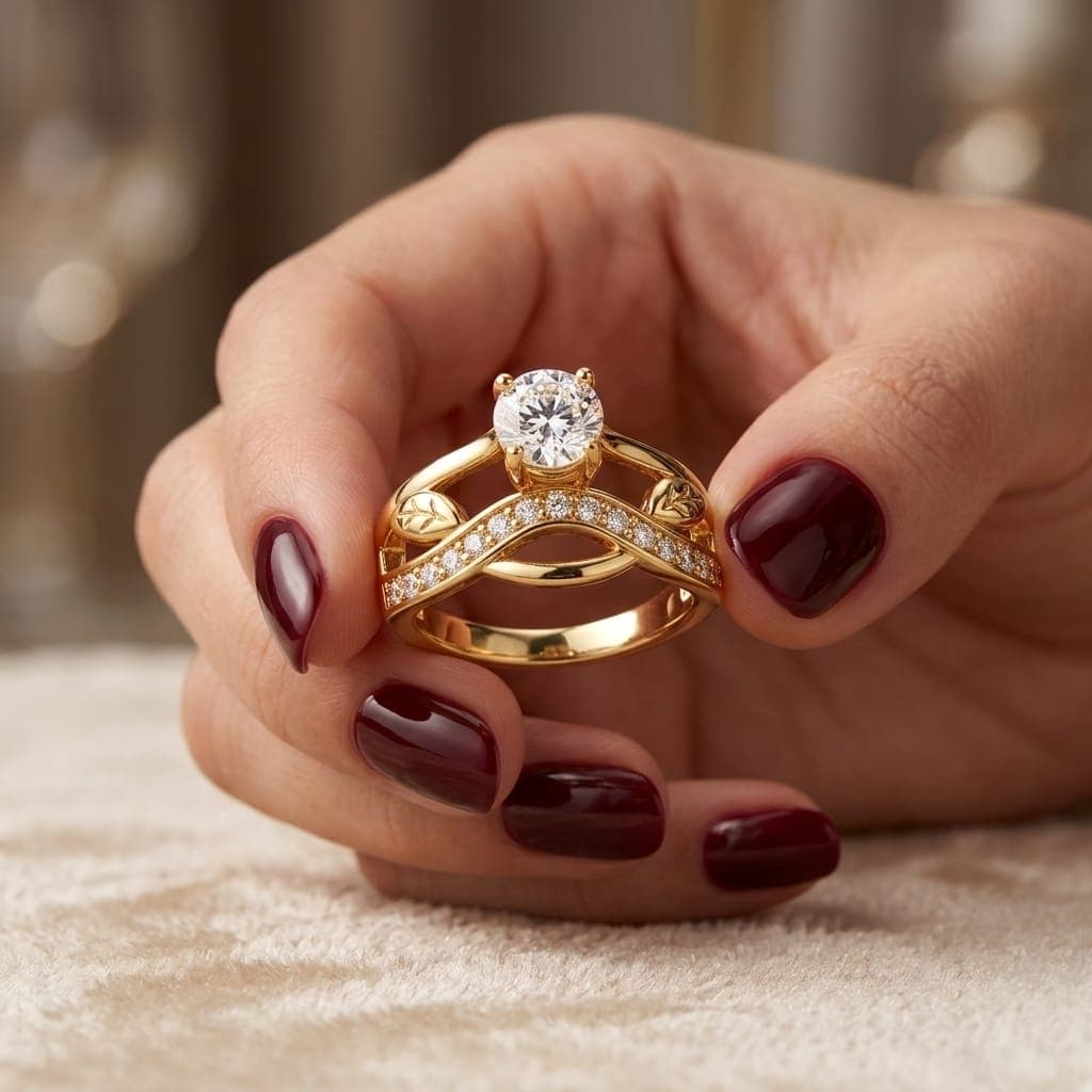 An elegant gold ring with a captivating natural touch. It features engraved leaves and a wavy design adorned with rows of sparkling zircon, topped by a central stone, giving you a stylish and unique look. Women's Rings (٥)