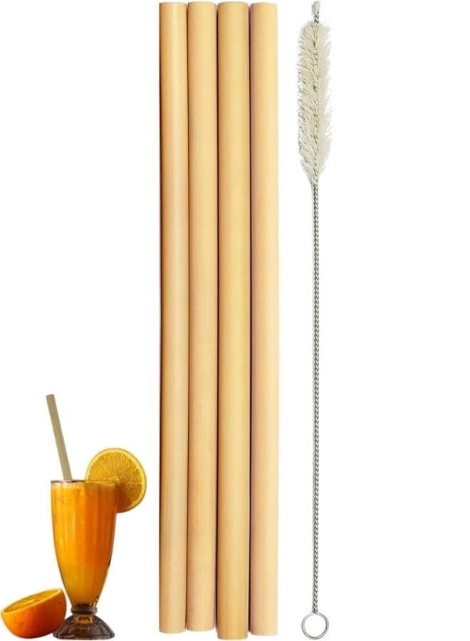 4-Piece Natural Bamboo Straws with Cleaning Brush - Eco-Friendly Reusable Drinking Straws - Bamboo Straws for Coffee, Smoothies, and Sodas - Organic Drinking Straw Set for Travel and Picnics