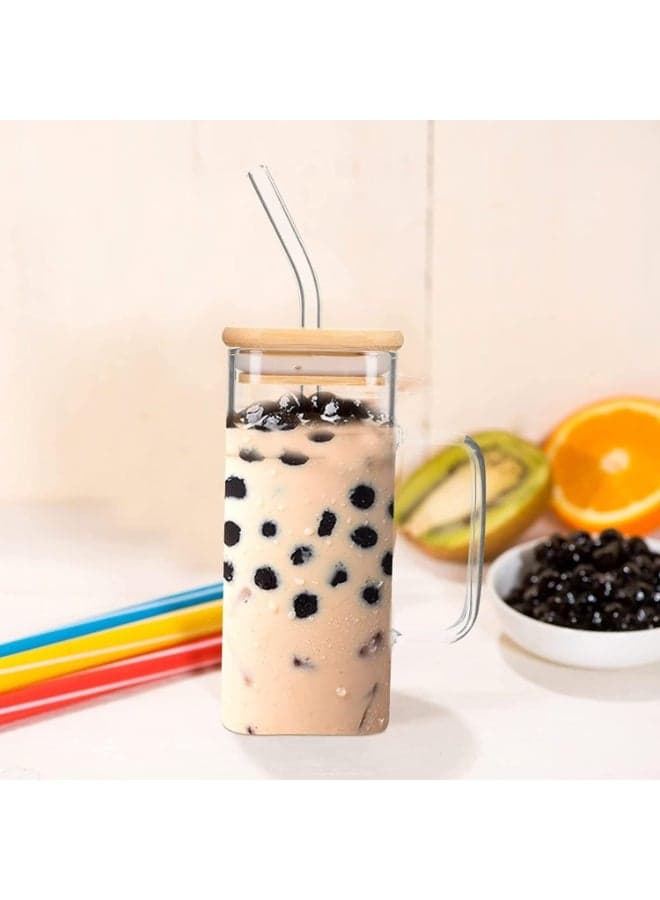 Clear Glasses Glass Cups with Wooden Lids and Straws Square Drinking Glasses Iced Coffee Glasses Beverage Cup Tumbler Glassware for Water Beer Cocktails 400ml Glass Water Bottles Coffee Mugs (٦)