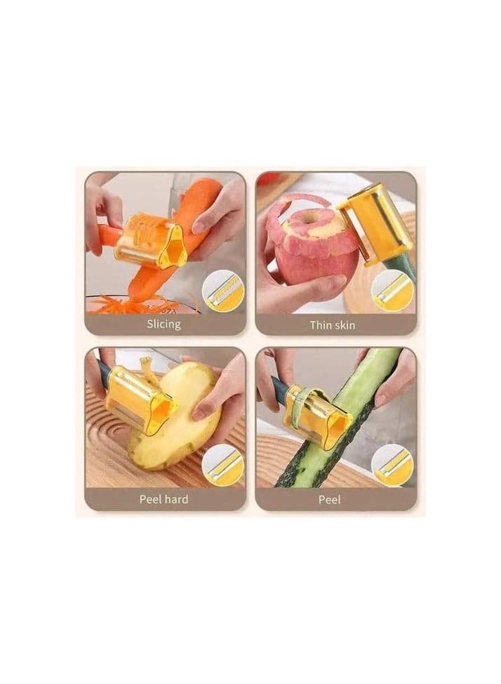 3-in-1 Kitchen Vegetable Peeler with Stainless Steel Blades, Protective Cover, Cleaning Brush, Blue and Yellow (٤)
