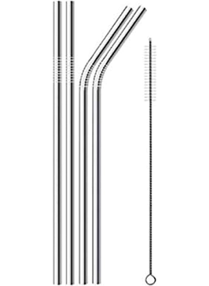 Reusable Metal Drinking Straws 304 Stainless Steel Sturdy Bent Straight Drinks Straw with Cleaning Brush, 4 pcs Cups & Straws