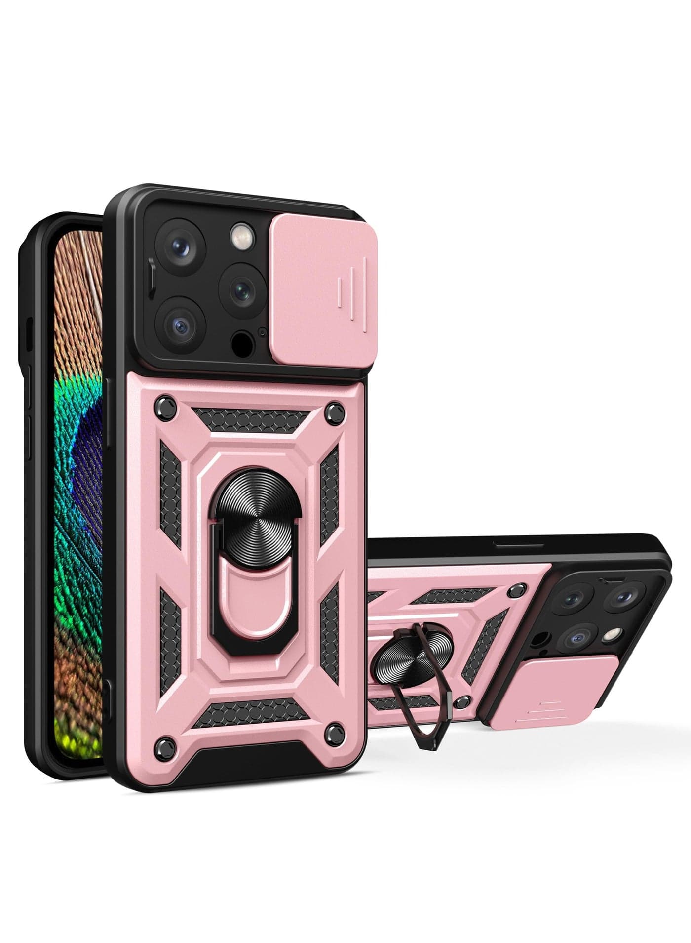 Case Cover Shockproof Protective Case with Camera Protection and Metal Ring Compatible with Iphone 15 Pro Max (Rose Gold)