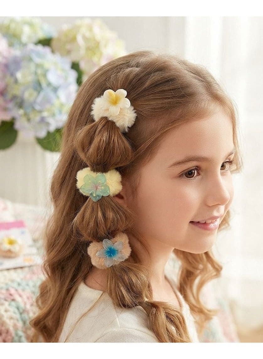 Girls' Multicolour Fluffy Flower Hair Ties - Set of 3 Girls' Hair Accessories
