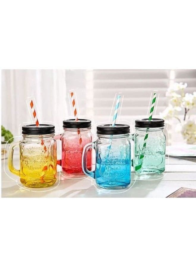 Glass Coffee Mugs with Lids and Straw 400ml Drinking Glasses Tumbler for Juice Smoothies (4)