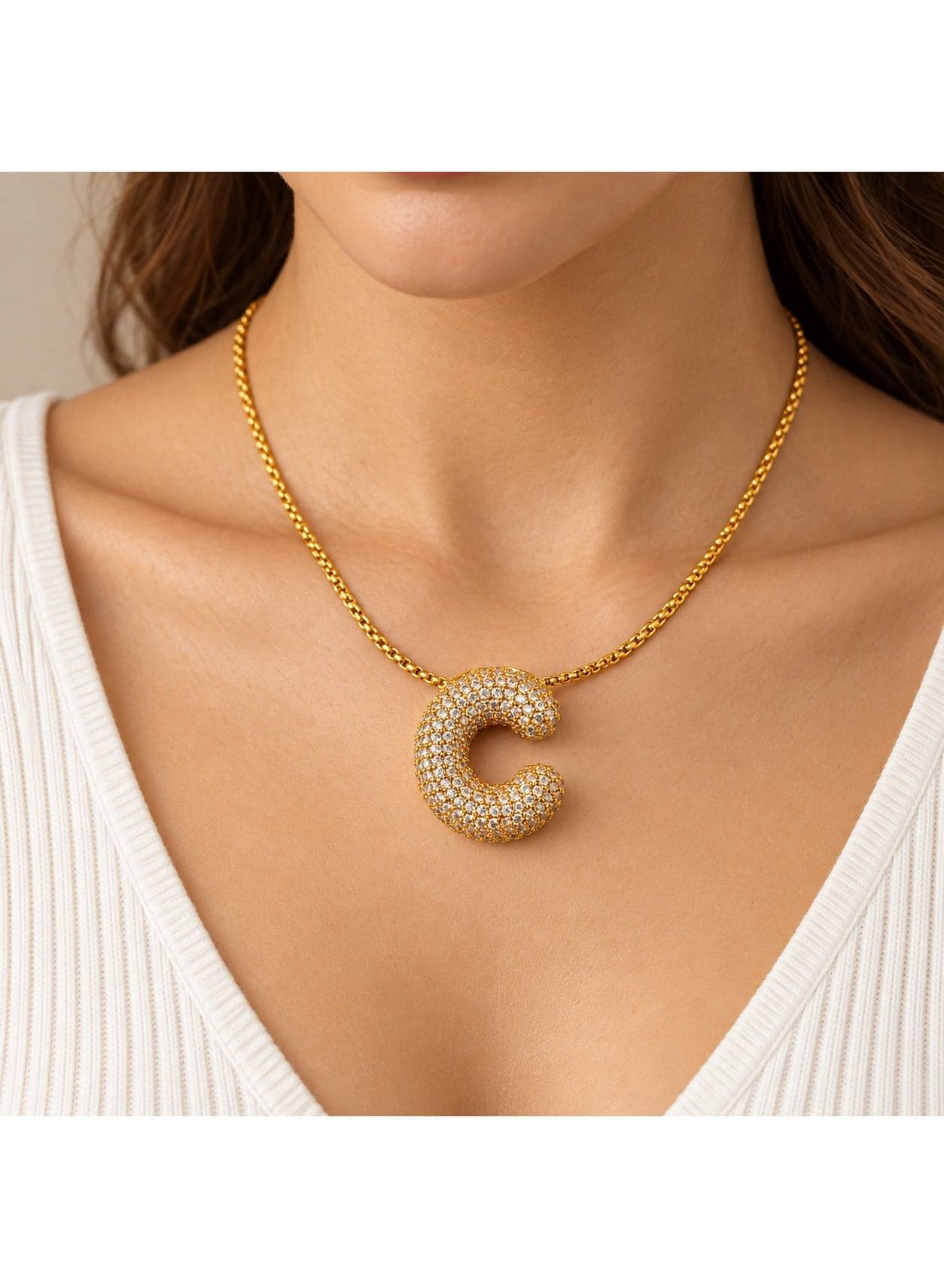 Women’s Stainless Steel Necklace with Stone-Set Hollow Geometric Pendant, Gold Tone (2)