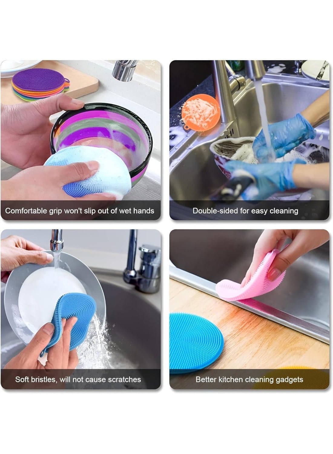 Reusable Double-Sided Silicone Sponges – Anti-Bacterial, Non-Scratch Kitchen Scrubbers for Cleaning Vegetables, Fruits & Dishes-2 Pieces Household Cleaning Supplies (٤)