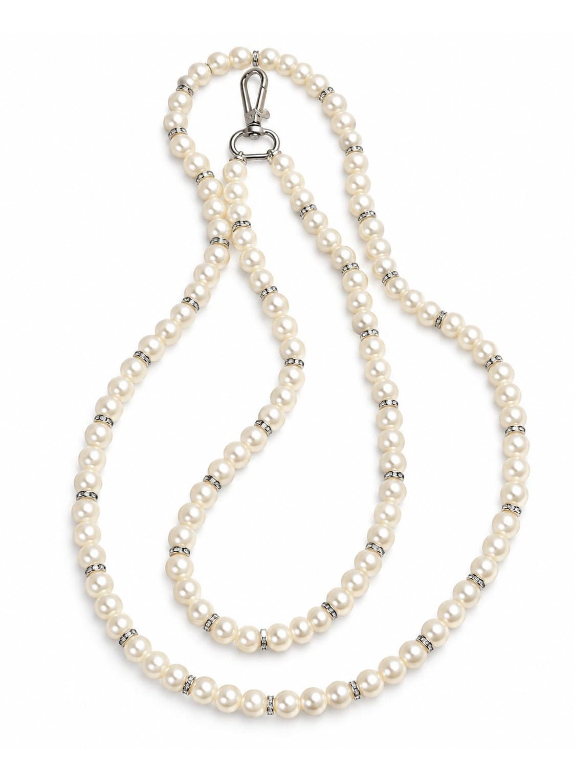 Elegant Pearl Phone Lanyard Crossbody Strap 120cm with Rhinestone Spacers & Heavy Duty Metal Clasp - Pearl White & Silver