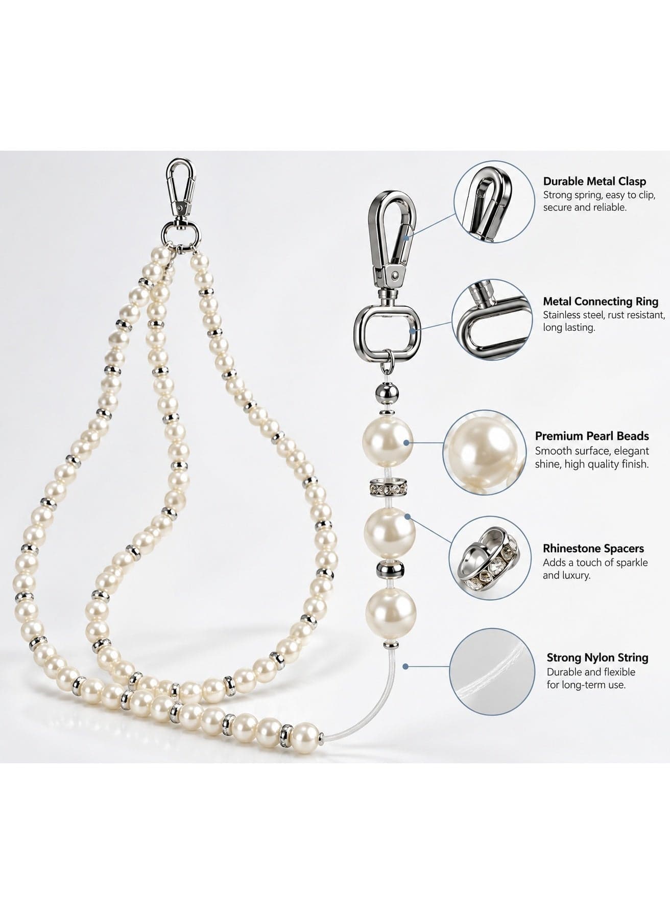 Elegant Pearl Phone Lanyard Crossbody Strap 120cm with Rhinestone Spacers & Heavy Duty Metal Clasp - Pearl White & Silver (٤)