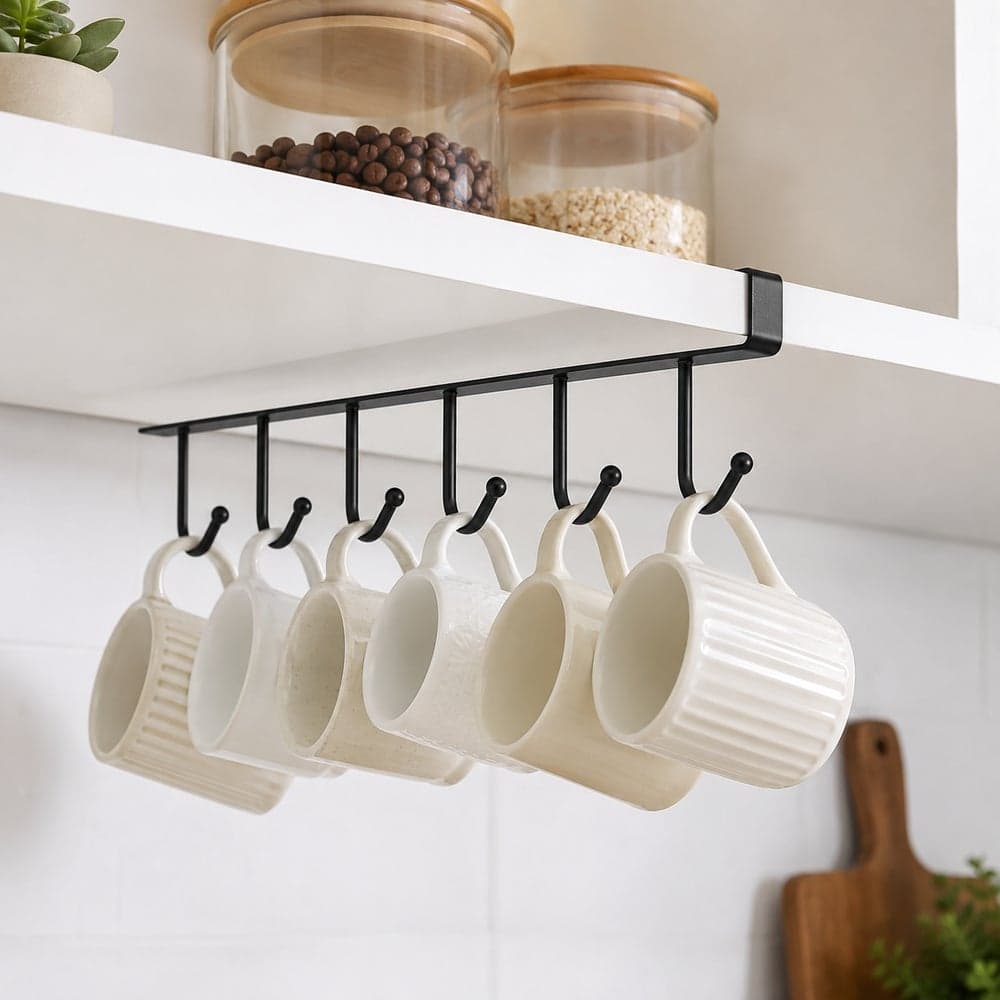 Under Shelf Kitchen Cabinet Cup Hanger with 6 Hanging Hooks - 1-29 Cabinet Organizers (٢)