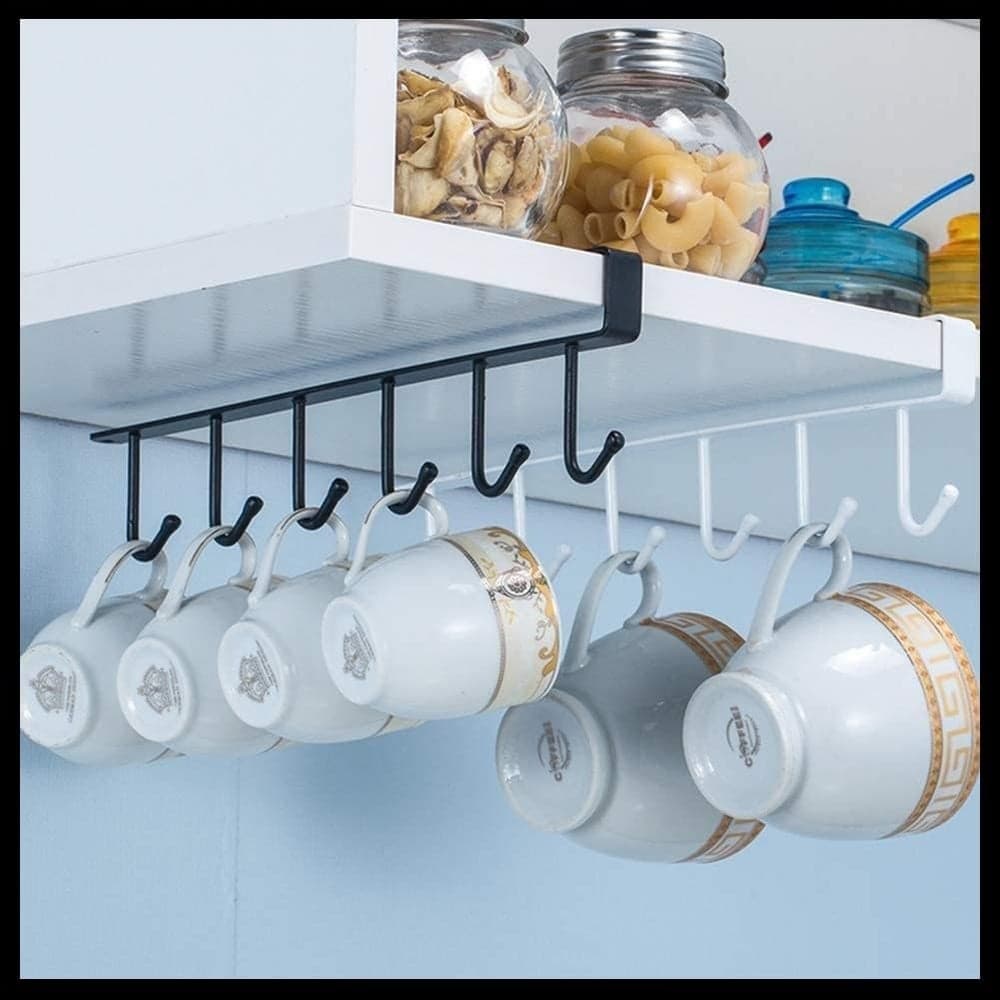 Under Shelf Kitchen Cabinet Cup Hanger with 6 Hanging Hooks - 1-29 Cabinet Organizers (٣)