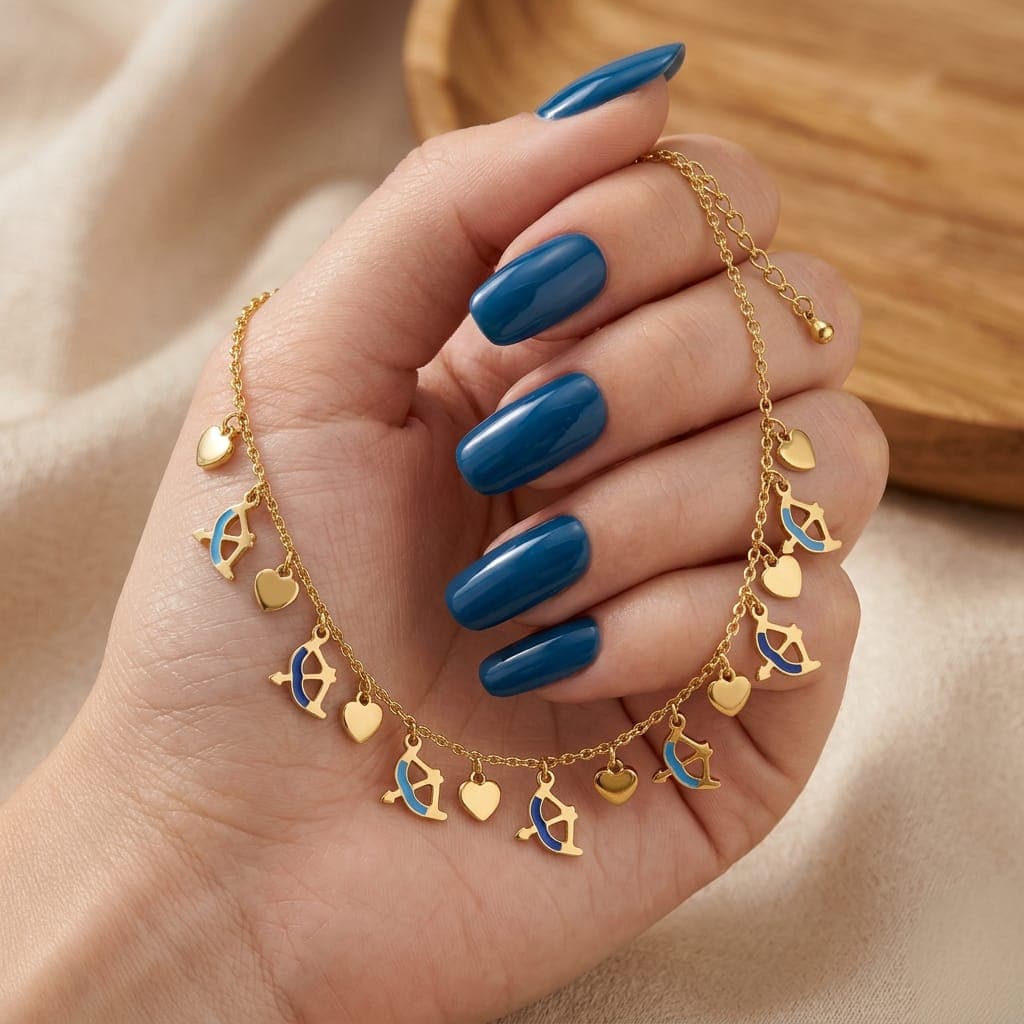 A sophisticated gold necklace that combines sparkling heart pendants and elegant bow symbols with charming blue touches, a modern and attractive design with an adjustable clasp to suit you. Women's Necklaces (٤)