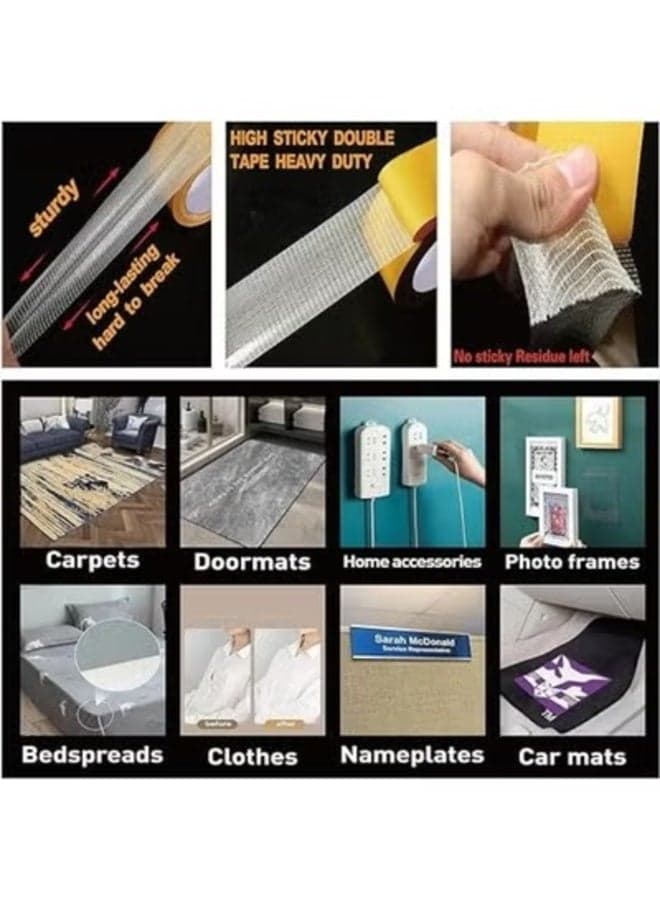 Double-Sided Carpet Tape, Heavy-Duty Rug Gripper And Fabric Mesh Mounting Tape With Strong Adhesion, Reinforced White Gauze Backing, Clean Residue-Free Removal And Easy-Peel Yellow Liner, For Rugs, Mats, Stair-Free Floor Runners, Posters, Crafts And Event Carpeting, Practical Housewarming Gift For Homeowners, 5 cm Wide x 10 m Long (١٠)
