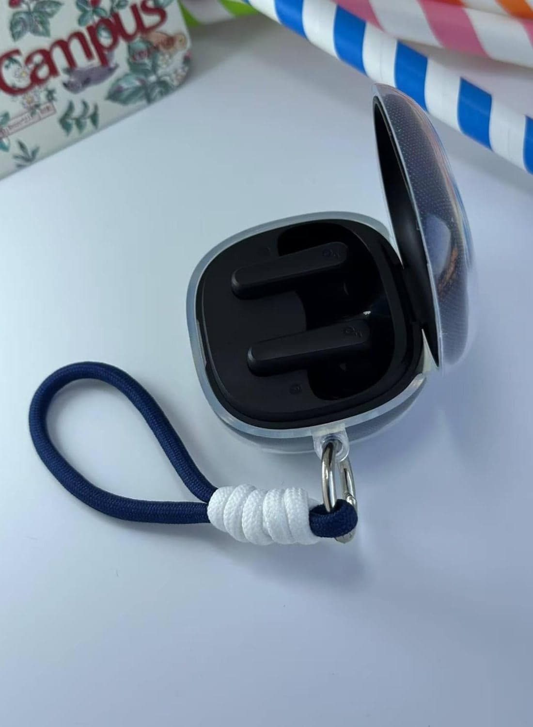 Clear Silicone Case for Soundcore by Anker R50i Case With Rope,Cover, Protective Skin by Anker R50i Headphones Headset (Clear with Rope) (EARBUDS NOT INCLUDED) (Blue White) (3)